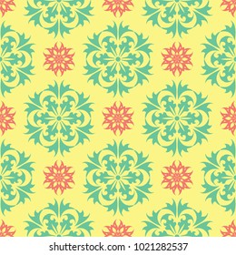 Multi colored seamless floral background. Pink blue green and yellow pattern for textile and wallpapers