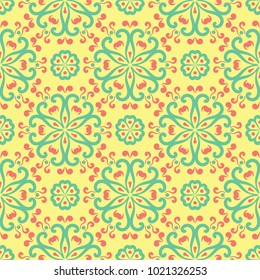 Multi colored seamless floral background. Pink blue green and yellow pattern for textile and wallpapers