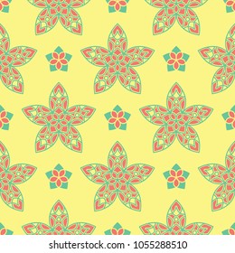 Multi colored seamless floral background. Pink blue green and yellow pattern for textile and wallpapers