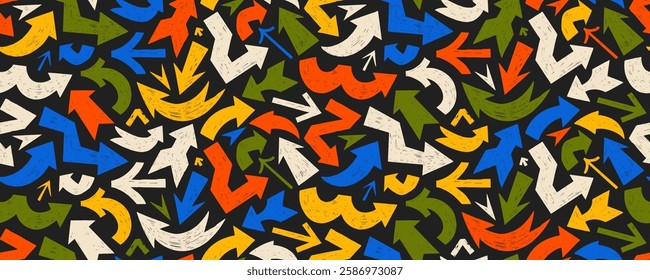 Multi colored seamless pattern with bold arrows with crayon or chalk texture. Seamless banner design in retro style with freehand different curved lines, squiggle geometric arrows. Direction pointers.