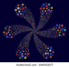 Multi Colored Searchlight rotation flower with six petals on a dark background. Vector abstraction. Impressive centrifugal explosion done from randomized searchlight symbols.