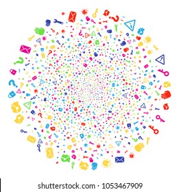 Multi Colored Secrecy Symbols fireworks spheric cluster. Vector sphere burst created by scatter secrecy symbols symbols. Bright Vector illustration.