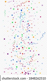 Multi colored Serpentine Celebration Vector Panoramic Transparent Background. Fun Spiral Design. Confetti Anniversary Illustration. Variegated Falling Branch.