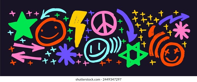 Conjunto multicolor de Elementos de doodle de plazo de negocios . Emoticono dibujado a mano, flecha, más, estrellas. Ilustración vectorial en estilo boceto.