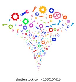 Multi Colored Setup Tools stream fountain. Object fountain constructed from random setup tools pictographs as fireworks. Vector illustration style is flat iconic symbols with psychedelic colors.