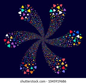 Multi Colored Shit rotation bang on a dark background. Vector abstraction. Hypnotic twist designed from scattered shit objects.