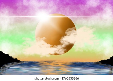 Multi colored sky Evening sun Clouds and the sea created by vector
