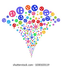 Multi Colored Smile explosion fountain. Object fountain made from random smile design elements as fireworks. Vector illustration style is flat iconic symbols with psychedelic colors.