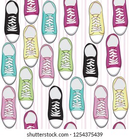 Multi Colored sneakers on a striped background seamless pattern
