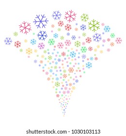 Multi Colored Snowflake exploding fountain. Object fountain combined from random snowflake pictograms as fireworks. Vector illustration style is flat iconic symbols with psychedelic colors.
