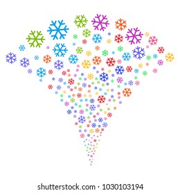 Multi Colored Snowflake explosion fountain. Object fountain done from random snowflake pictograms as fireworks. Vector illustration style is flat iconic symbols with psychedelic colors.