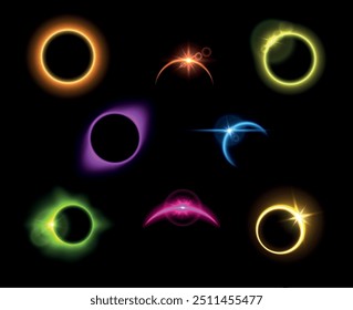 Planeta multicolor del efecto del eclipse solar con la Ilustración vectorial realista fijada del marco de neón ultravioleta. Luz solar iluminada de la luna espacial brillante gradiente de color de círculo oscuro energía astronómica futurista