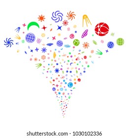 Multi Colored Space Symbols burst fountain. Object fountain created from random space symbols symbols as fireworks. Vector illustration style is flat iconic symbols with psychedelic colors.
