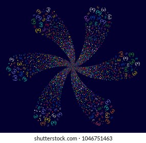 Multi Colored Spectacles cycle bang on a dark background. Vector abstraction. Psychedelic curl combined from random spectacles symbols.