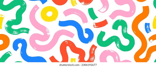 Multi colored squiggles with circles seamless pattern. Brush drawn bold curved lines, waves and swirls. Abstract geometric colorful background with organic bold lines. Childish doodles and scribbles.