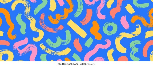 Multi colored squiggles with circles seamless pattern. Brush drawn bold curved lines, waves and swirls. Abstract geometric colorful background with organic bold lines. Childish doodles and scribbles.
