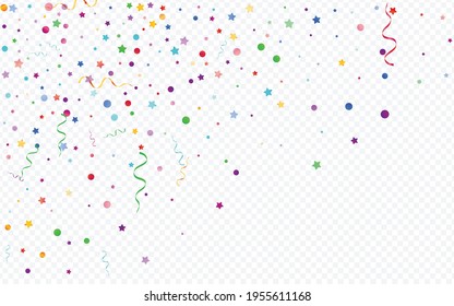 Multi colored Star Isolated Vector Panoramic Transparent Background. Falling Particles Illustration. Streamer Swirl Template. Variegated Happy Design.