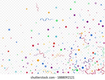 Multi colored Star Vector Panoramic Transparent Party Background. Fun Spiral Serpentine Design Template. . Colored Celebration Poster.