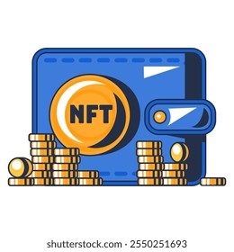 Armazenamento multicolorido de ativos NFT em uma carteira segura. Obtendo direitos de acesso ao token. Tecnologia blockchain de autenticação de acesso à carteira. Vetor de contorno de desenho animado futurista isolado no fundo branco