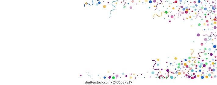 Streamer multicolor celebra el fondo blanco del vector. Afiche de Estrella de Carnaval. Invitación de caída de confeti. Planta de decoración de colores.
