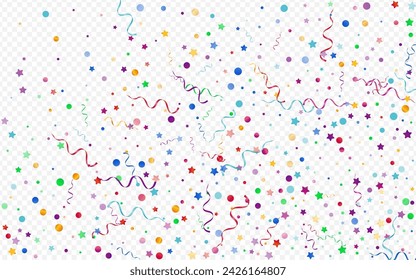 Multi colored Streamer Happy Vector Panoramic Transparent Background. Paper Serpentine Branch. Particles Falling Illustration. Red and Yellow Isolated Poster.