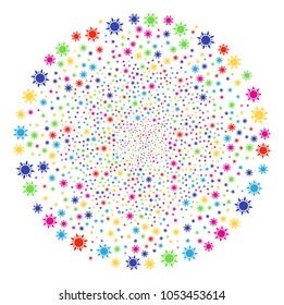 Multi Colored Sun festival round cluster. Vector sphere fireworks organized from randomized sun symbols. Psychedelic Vector illustration.