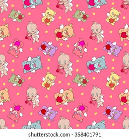 Multi colored teddy bear, angel and stars pattern on a pink background for Valentine's Day.