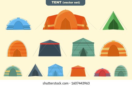 Multi Colored tents for camping in the nature and for outdoor celebrations. Triangle and dome flat design. Hiking. Set of objects isolated on a white background and shown from different angles.