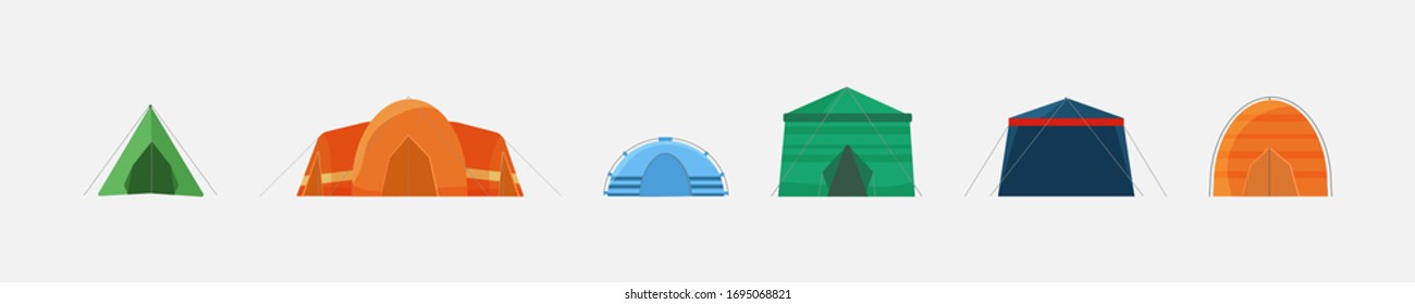 Multi Colored tents for camping in the nature and for outdoor celebrations. Set of tents isolated on a white background and shown from different angles.Triangle objects and dome in flat vector design.