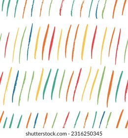 Multi colored thin small vertical lines seamless pattern. Vertical dashes texture, thin vector brush strokes in a row ornament. Seamless pattern with linear motif. Rainfall motif retro background.