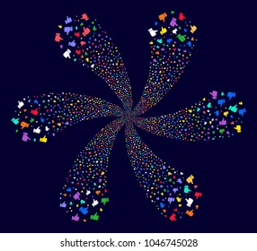 Multi Colored Thumb Up cycle flower with six petals on a dark background. Vector abstraction. Psychedelic whirlpool designed from scattered thumb up items.
