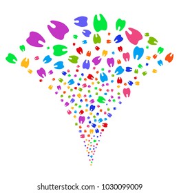 Multi Colored Tooth explosion fountain. Object fountain organized from random tooth design elements as fireworks. Vector illustration style is flat iconic symbols with psychedelic colors.