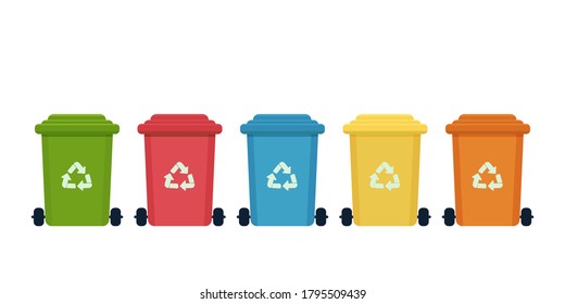 Multi colored trash cans isolated on white background. Waste bins with icons of ecological processing of products. 