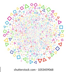 Multi Colored Triangle And Square Frames fireworks cluster. Vector round cluster burst created from randomized triangle and square frames elements. Bright Vector abstraction.