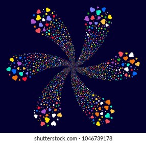 Multi Colored Valentine Heart exploding flower shape on a dark background. Vector abstraction. Impressive flower with six petals designed from random valentine heart objects.