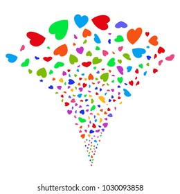 Multi Colored Valentine Petals exploding fountain. Object fountain combined from random valentine petals symbols as fireworks. Vector illustration style is flat iconic symbols with psychedelic colors.