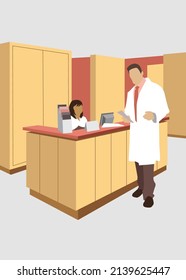 Multi colored vector illustration of a medical practice with doctor and nurse