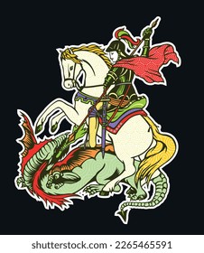 Multi colored vector illustration of Saint George fighting the dragon.