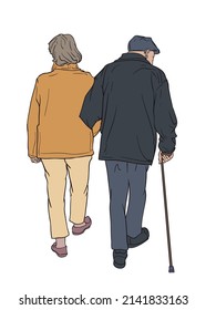 Multi colored vector illustrationn of an elderly couple in back view