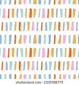 Multi colored vertical bold brush strokes seamless pattern. Hand drawn colorful abstract geometric decorative background. Vertical black wide brush strokes and vector thick stripes in a row.