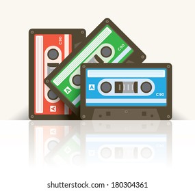 Multi colored vintage audio cassettes with reflection