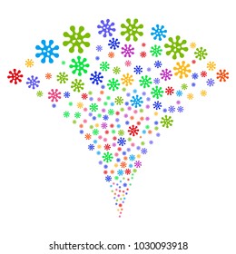 Multi Colored Virus explosion fountain. Object fountain created from random virus pictograms as fireworks. Vector illustration style is flat iconic symbols with psychedelic colors.
