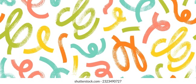 Multi colored wavy and swirled brush strokes vector seamless pattern. Bold curved lines with loops ornament. Colorful biological grunge squiggles. Abstract geometric waves in trendy retro 90s style.