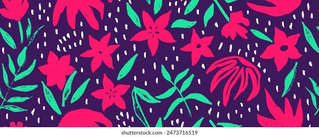 Multi colored  wild flowers silhouettes vector seamless pattern. Abstract asters painted by brush. Modern plant motif. Brush painted botanical ornament.
