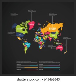 Multi Colored World Map with Labeling and Details on Black Background