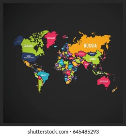 Multi Colored World Map with Labeling on Black Background