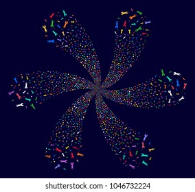 Multi Colored Wrench cyclonic flower cluster on a dark background. Vector abstraction. Suggestive cycle combined from scattered wrench symbols.