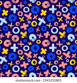 Multi colored XOXO seamless pattern. Vector abstract background with various circles and crosses. Grunge texture with brush drawn geometric elements. Seamless pattern with video game elements. svg