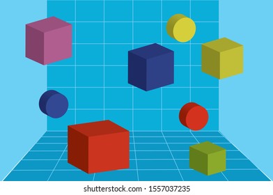 multi colors 3d geometry in blue room with tile background vector eps 10