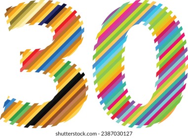 multi colors diagonal line number thirty, number thirty vector illustration, isolated on white background.